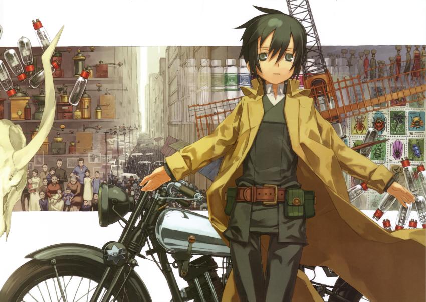 1girl absurdres androgynous animal_skull beige_coat belt belt_pouch brough_superior brown_belt coat collage_background collared_coat collared_shirt cow_skull cowboy_shot female_focus green_eyes green_hair green_jacket green_pants hair_between_eyes hermes_(kino_no_tabi) highres jacket kino_(kino_no_tabi) kino_no_tabi kuroboshi_kouhaku long_sleeves looking_away motor_vehicle motorcycle official_art outstretched_arms pants parted_lips pouch scan shirt shirt_under_jacket short_hair solo tomboy white_shirt wind