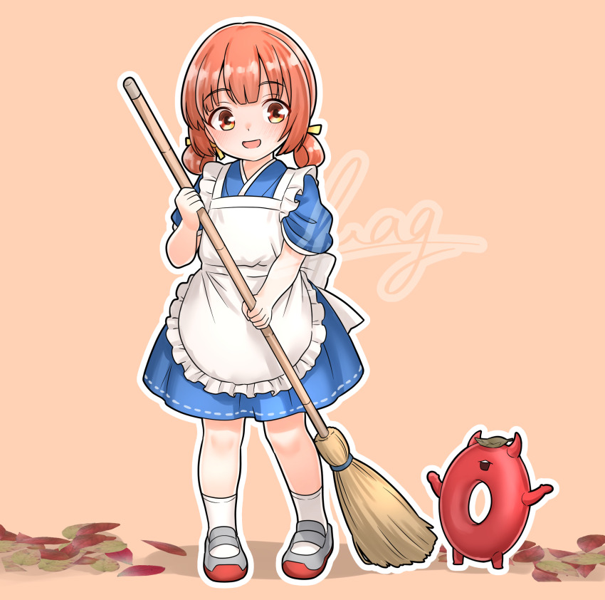 1girl absurdres apron blue_dress broom brown_eyes commentary_request dress enemy_lifebuoy_(kancolle) furaggu_(frag_0416) highres kaiboukan_no._4_(kancolle) kantai_collection leaf looking_at_viewer low_twintails mary_janes open_mouth orange_background red_hair shoes short_hair short_sleeves simple_background smile sweeping twintails watermark
