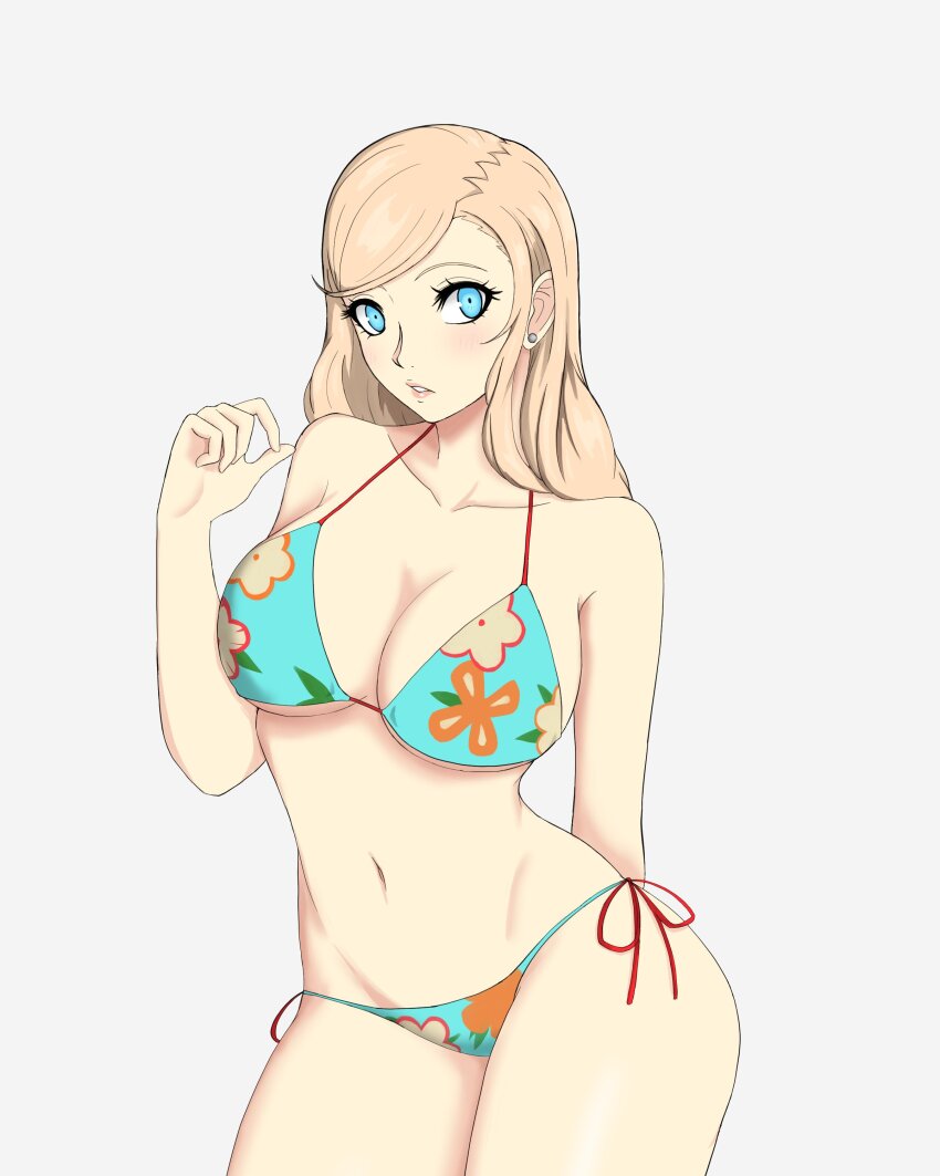 1girl absurdres aqua_bikini arm_behind_back bikini blonde_hair blue_eyes breasts cleavage collarbone cowboy_shot earrings floral_print floral_print_bikini hair_down hand_up highres jewelry large_breasts long_hair nahone_peko navel persona persona_5 print_bikini side-tie_bikini_bottom simple_background solo stud_earrings swimsuit takamaki_anne