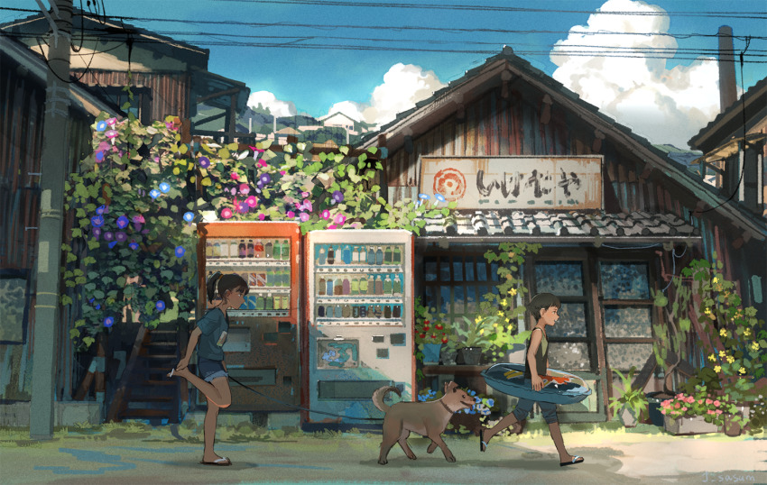 1boy 1girl animal black_hair black_shirt blue_flower blue_shirt blue_shorts blue_sky brown_dog brown_hair building child cloud commentary_request corrugated_galvanized_iron_sheet day dog door flat_chest flip-flops flower flower_pot from_side hand_on_own_foot holding holding_leash house innertube leash looking_away morning_glory original outdoors pet_walking pink_flower plant ponytail potted_plant power_lines profile purple_flower red_flower revision sandals sasumata_jirou scenery shirt short_hair short_shorts short_sleeves shorts sign signature sky sleeveless sleeveless_shirt stairs standing standing_on_one_leg summer swim_ring trellis utility_pole vending_machine vines walking wide_shot window yellow_flower