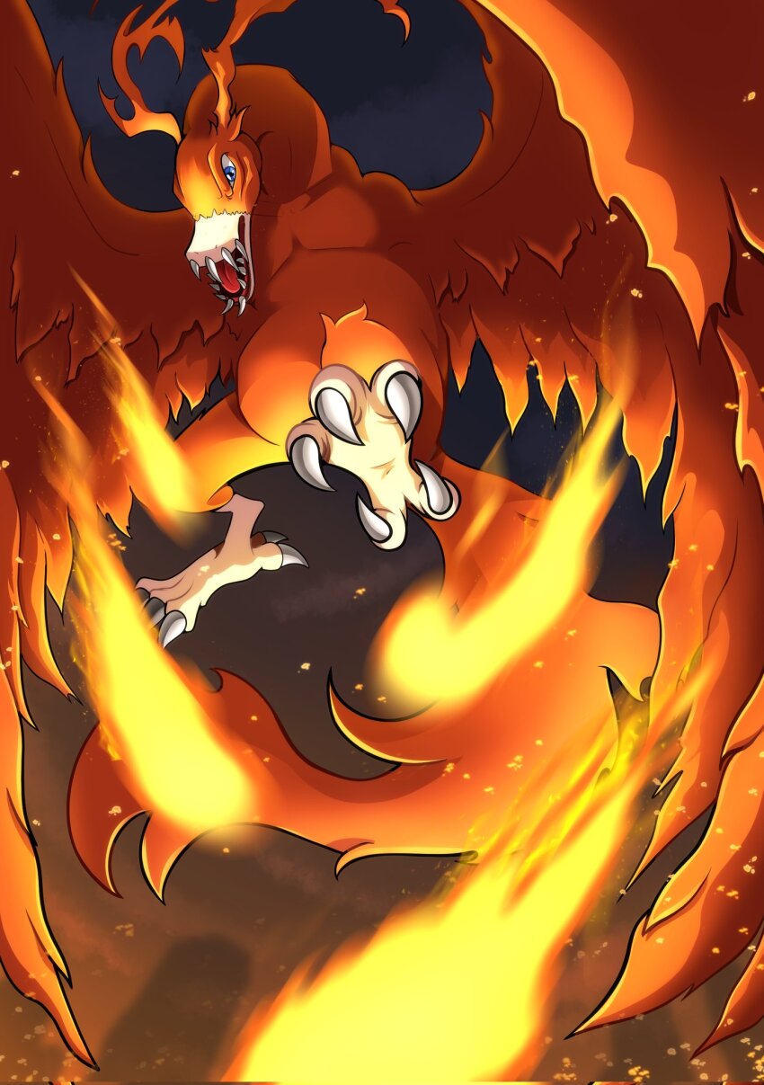 antennae beak bird birdramon blue_eyes digimon digimon_(creature) embers extra_digits fire flying highres no_humans open_mouth orange_feathers rubixkun_(capnii) sharp_teeth solo talons teeth