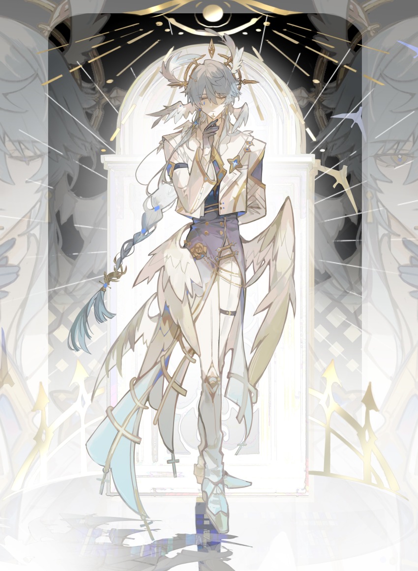 1boy absurdres alternate_costume alternate_hair_length alternate_hairstyle aqua_coat arm_behind_back black_gloves braid closed_eyes closed_mouth coat cropped_jacket cross earrings feathered_wings flower full_body gloves gold_earrings gold_trim gradient_coat grey_hair hair_between_eyes halo halo_behind_head hand_up head_wings highres holding holding_cross honkai:_star_rail honkai_(series) iron_hailai jacket jewelry long_hair low-tied_long_hair low_wings male_focus multiple_wings pants purple_coat rose shoes single_braid single_tear solo spiked_halo standing sunday_(honkai:_star_rail) thigh_strap white_jacket white_pants white_shoes white_wings wings yellow_eyes yellow_flower yellow_rose zoom_layer