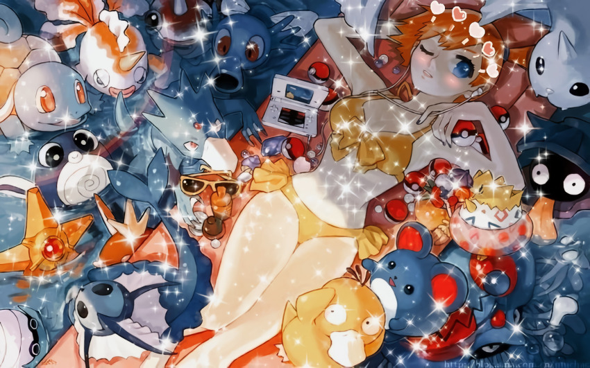 1girl asymmetrical_hair bikini blue_eyes blush breasts creatures_(company) dewgong eyelashes front-tie_bikini_top front-tie_top game_freak gen_1_pokemon gen_2_pokemon goldeen golduck hair_between_eyes hair_tie handheld_game_console heart horsea ichi_boku legs lying magikarp marill medium_breasts misty_(pokemon) navel nintendo nintendo_ds omanyte on_back one_eye_closed orange_hair poke_ball pokemon pokemon_rgby poliwag ponytail pool poolside psyduck seaking shellder short_hair side_ponytail solo source_request squirtle staryu stomach sunglasses swimsuit tentacruel thighs togepi vaporeon water wink yellow_bikini