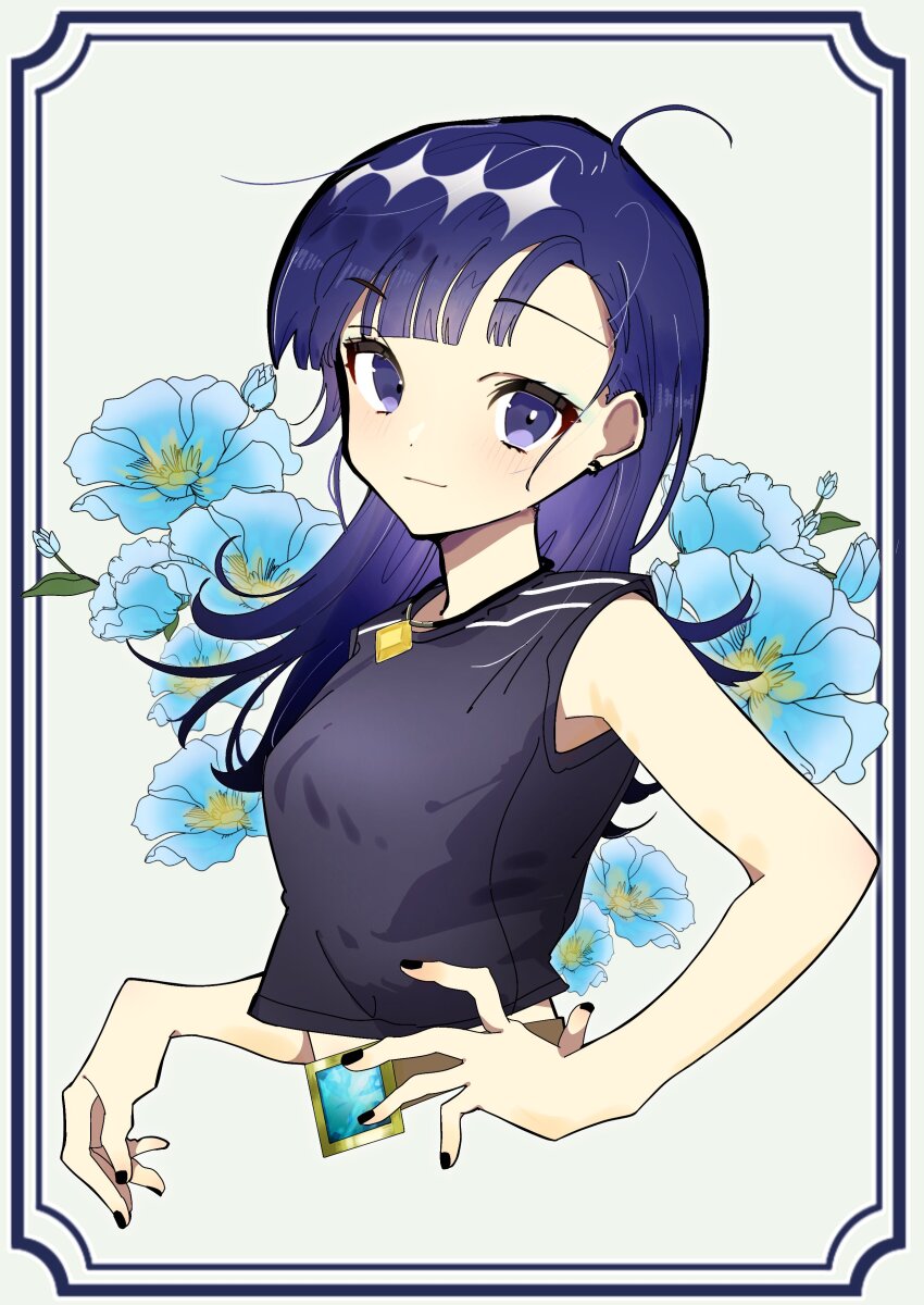 1girl absurdres belt black_shirt blue_flower blue_hair border cropped_torso flower highres kyoutikutou_26 looking_at_viewer medalist_(manga) okazaki_iruka purple_eyes shirt sleeveless sleeveless_shirt solo