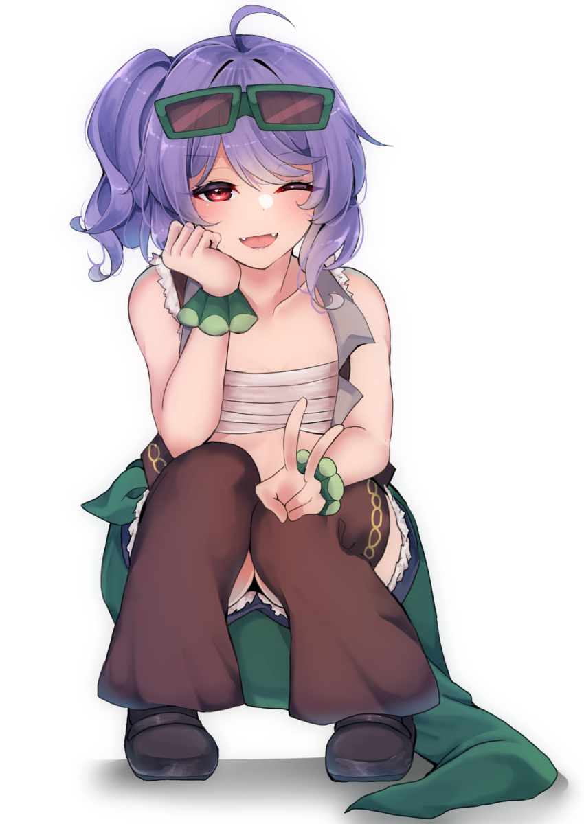 1girl ahoge bare_shoulders black_shoes black_vest blue_shorts breasts brown_thighhighs chest_sarashi cleavage collarbone collared_vest denim denim_shorts dot_nose eyelashes eyewear_on_head fangs full_body fur-trimmed_shorts fur_trim green-framed_eyewear green_wrist_cuffs hand_on_own_cheek hand_on_own_face happy highres lapels light_blush loafers medium_hair notched_lapels one_eye_closed open_clothes open_mouth open_vest original ougi_hina pink_eyes ponytail purple_hair riverbed_soul_saver sarashi shadow shoes short_ponytail short_shorts shorts side_ponytail simple_background small_breasts smile snake_tail solo squatting stomach sunglasses tail thighhighs touhou two-sided_veil v vest white_background wrist_cuffs yamata_no_yato