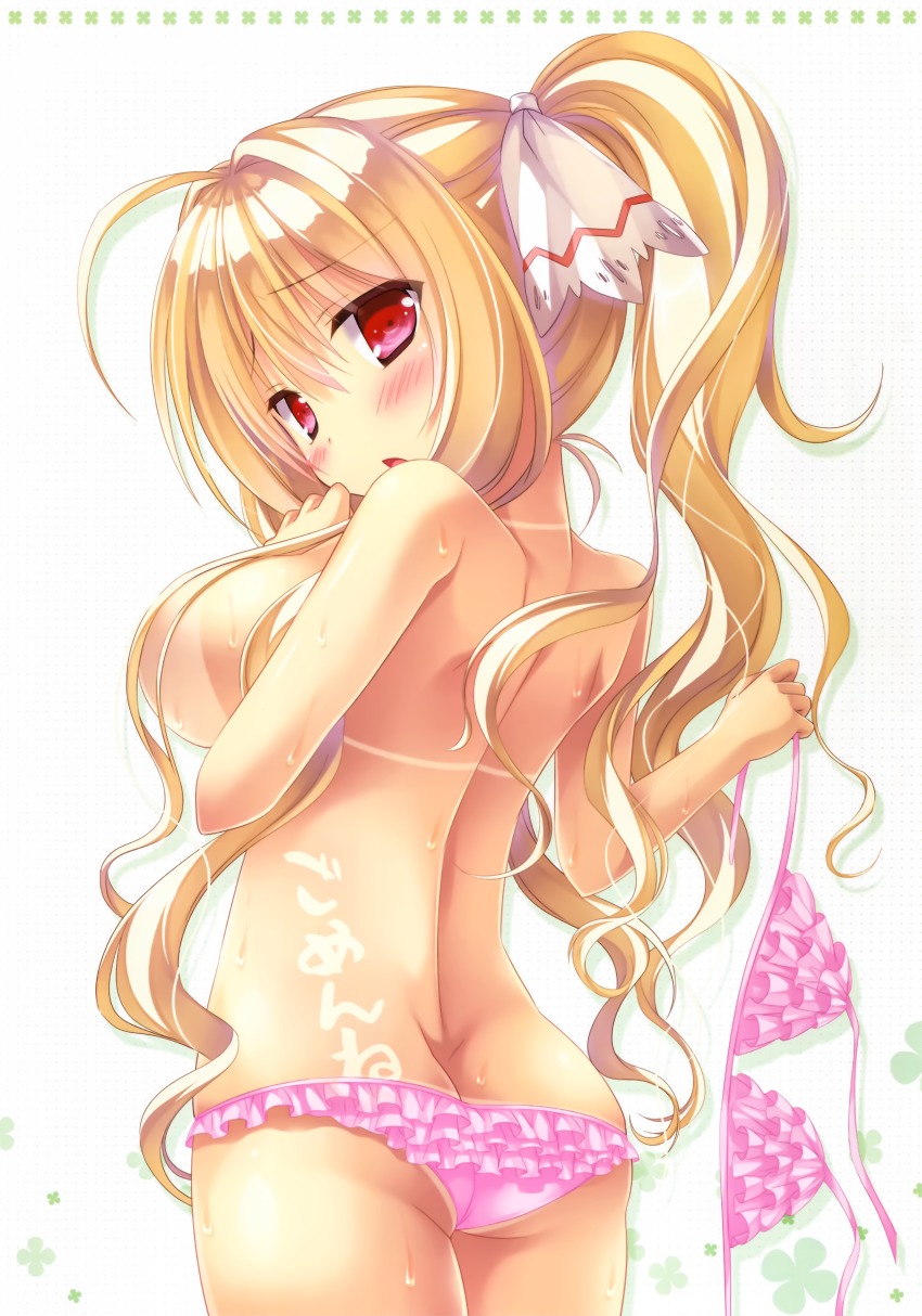 1girl absurdres ahoge alicetia_wallenberg_kezouji arm_between_breasts ashishun ass back bare_arms bare_back bare_shoulders between_breasts bikini bikini_tan bikini_top_only blonde_hair blush body_writing bow breasts butt_crack female_focus frilled_bikini frills from_behind hair_between_eyes hair_bow hair_intakes hair_ornament hand_to_own_mouth hands_up highres holding holding_bikini holding_bikini_top holding_swimsuit holding_unworn_clothes huge_filesize large_breasts long_hair looking_at_viewer looking_back open_mouth pink_bikini pink_eyes ponytail primal_hearts primal_hearts_2 purple_eyes scan shoulder_blades sideboob solo standing string_bikini sweat swimsuit tan tan_tattoo tanline topless_female unworn_bikini_top unworn_swimsuit white_bow