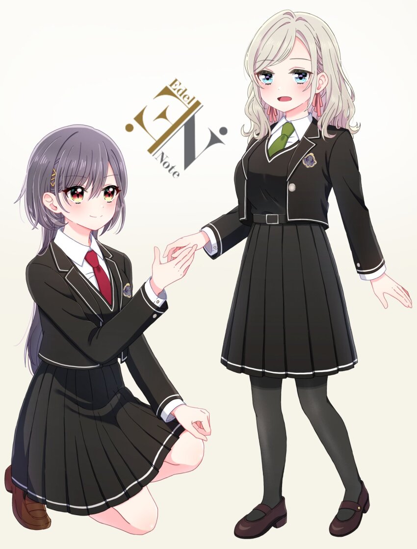 2girls 4th_live_dream_~bloom_the_dream_believers~ black_jacket black_pantyhose black_shoes black_skirt black_sweater_vest blazer blue_eyes breasts brown_shoes ceras_yanagida_lilienfeld closed_mouth collared_shirt commentary_request dress_shirt edel_note emblem flower_stand_art full_body green_necktie grey_hair hair_ornament hair_ribbon highres jacket katsuragi_izumi large_breasts link!_like!_love_live! loafers logo long_hair love_live! mary_janes medium_hair medium_skirt mizukawa_school_uniform multiple_girls necktie on_one_knee orange_eyes pantyhose pink_ribbon pleated_skirt red_necktie ribbon school_emblem school_uniform shirt shoes skirt smile split_mouth standing sweater_vest triangle_hair_ornament white_shirt wolf_cut yoon_(yoon_lovelive)