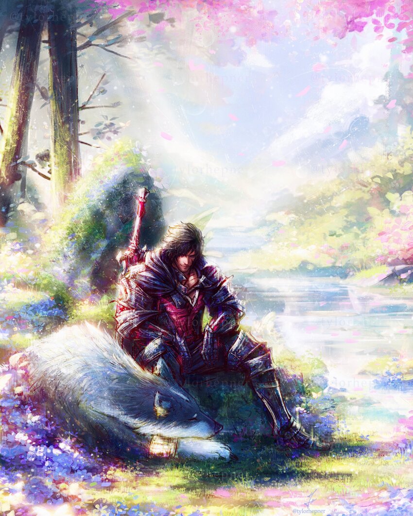 absurdres armor beard black_cape black_hair cape cherry_blossoms chinstrap_beard clive_rosfield dog facial_hair final_fantasy final_fantasy_xvi grey_wolf highres looking_at_another nature river scar scar_on_face sitting sleeping smile stubble sword sword_on_back torgal_(ff16) tree tylor_hepner weapon weapon_on_back wolf