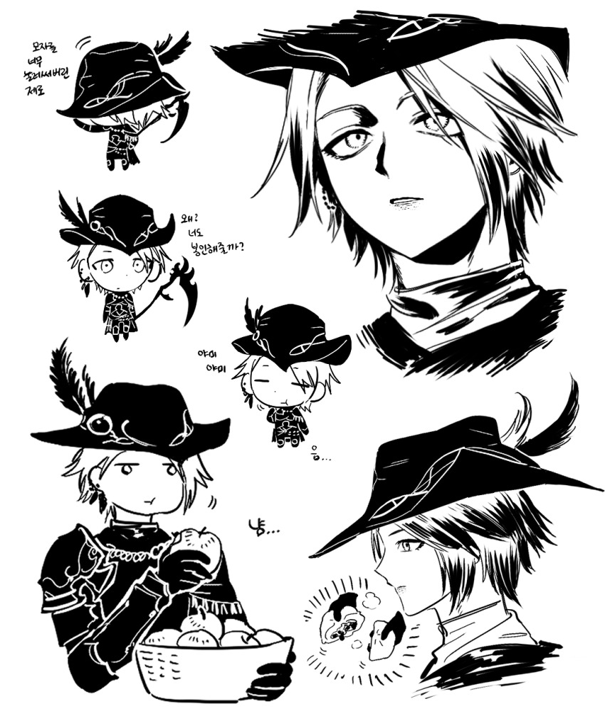1girl :t =_= a_ng androgynous apple armor basket chibi chibi_inset closed_eyes ear_piercing eating expressionless final_fantasy final_fantasy_xiv food fruit gloves greyscale hat hat_feather hat_tip high_contrast highres holding holding_basket korean_text monochrome multiple_views pauldrons piercing portrait reaper_(final_fantasy) reverse_trap short_hair shoulder_armor simple_background single_pauldron translation_request tricorne white_background zero_(ff14)