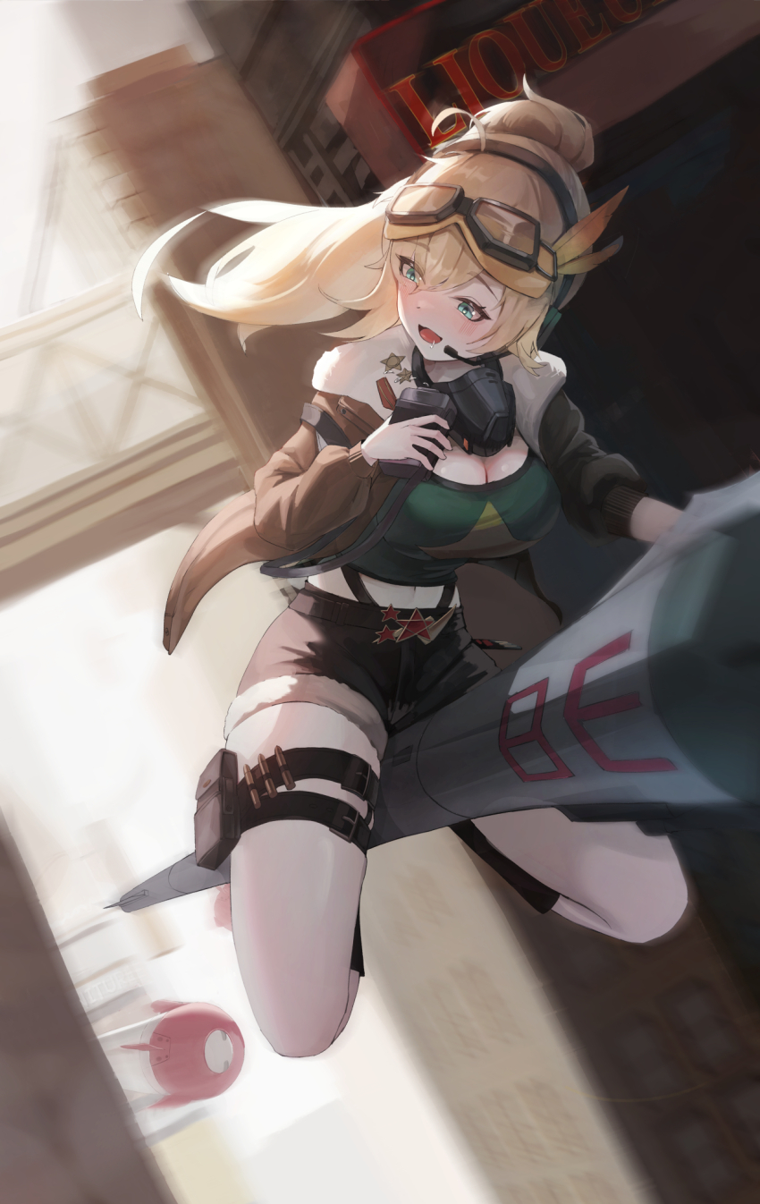 1girl :d ahoge blonde_hair blue_eyes blurry blurry_background bolcham boots breasts broom broom_riding brown_jacket brown_shorts building cleavage day flying full_body fur-trimmed_jacket fur_trim goggles goggles_on_head green_shirt headset highres jacket knee_boots large_breasts lilya_(reverse:1999) long_hair looking_to_the_side mask mask_around_neck mechanical_broom midriff missile motion_blur navel open_mouth outdoors oxygen_mask ponytail pouch reverse:1999 riding shirt shorts sky smile solo thigh_pouch white_sky