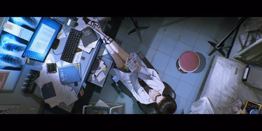 10s 1girl absurdres bad_id bad_twitter_id black_hair brown_eyes chair choker clipboard computer computer_keyboard computer_mouse crossed_legs desk doctor female_focus from_above highres jewelry lab_coat legs_up letterboxed looking_at_viewer magazine_(object) monitor necklace novelance paperwork persona persona_5 scenery short_hair sitting solo takemi_tae x-ray_film