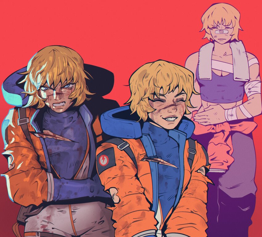 1girl ^_^ abs absurdres apex_legends bandaged_arm bandages black_pants blonde_hair bodysuit closed_eyes clothes_around_waist cuts highres hood hood_down hooded_jacket injury jacket jacket_around_waist lightning_bolt_symbol multiple_views orange_jacket pants red_background scar scar_on_face scar_on_nose scowl short_hair simple_background smile torn_clothes v-shaped_eyebrows vinegar_and_soda wattson_(apex_legends) white_bodysuit