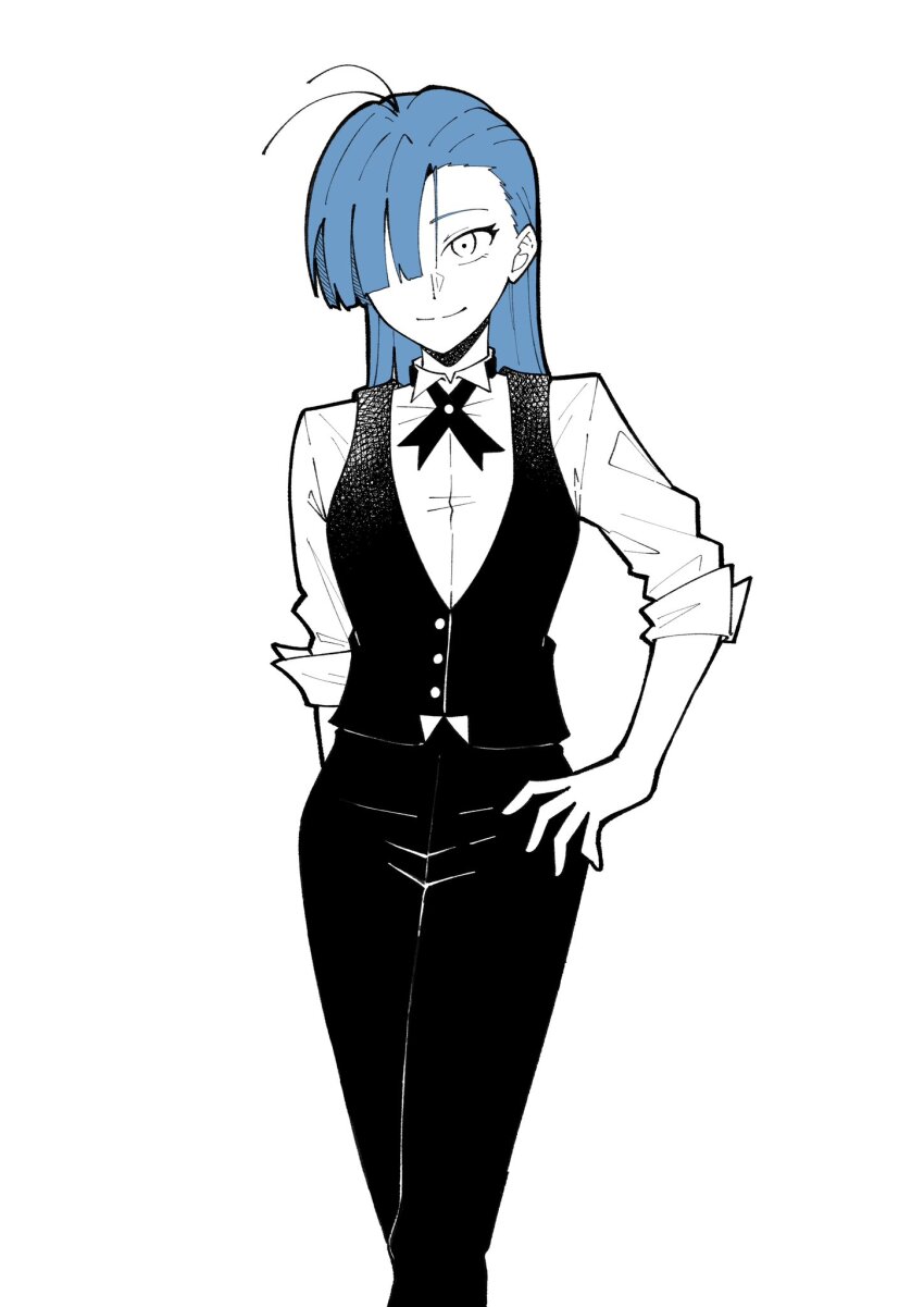 1girl ado_(utaite) ahoge black_pants black_ribbon black_vest closed_mouth commentary_request dress_shirt hair_over_one_eye hand_on_own_hip highres merry_(ado) neck_ribbon nori_(norinori_yrl) pants readymade_(ado) ribbon shirt simple_background solo three-quarter_sleeves vest white_background white_shirt