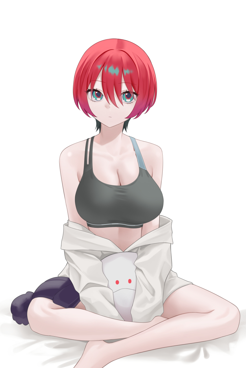 1girl absurdres amate_yuzuriha aqua_eyes beanie bed_sheet blush breasts brown_sports_bra cleavage closed_mouth collarbone commentary_request gfpebs gundam gundam_gquuuuuux hair_between_eyes haro hat highres indian_style large_breasts legs looking_at_viewer off_shoulder red_hair shirt short_hair simple_background sitting sports_bra unworn_hat unworn_headwear white_background white_shirt