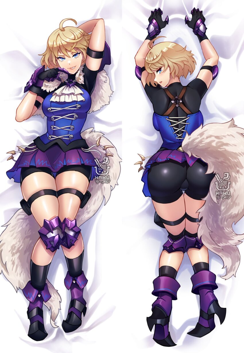 1girl armor armored_boots ass bike_shorts blonde_hair blue_eyes blush boots breasts dakimakura_(medium) dress fire_emblem fire_emblem_engage from_behind gloves hakuramen highres looking_at_viewer looking_back lying medium_breasts medium_hair merrin_(fire_emblem) nintendo on_back on_stomach parted_lips short_dress sideboob smile solo tail thigh_strap