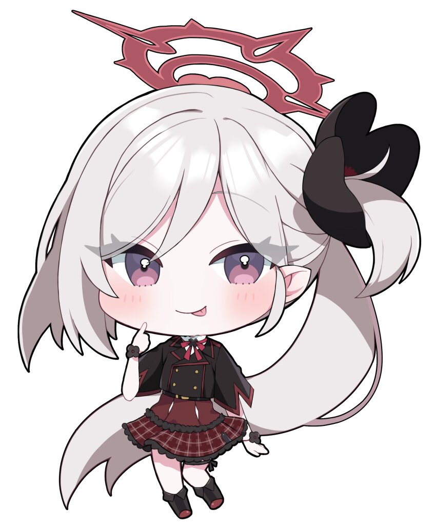 1girl :p absurdres blue_archive chibi full_body grey_hair halo highres long_hair looking_at_viewer murase48 mutsuki_(blue_archive) purple_eyes red_halo side_ponytail simple_background solo tongue tongue_out very_long_hair white_background