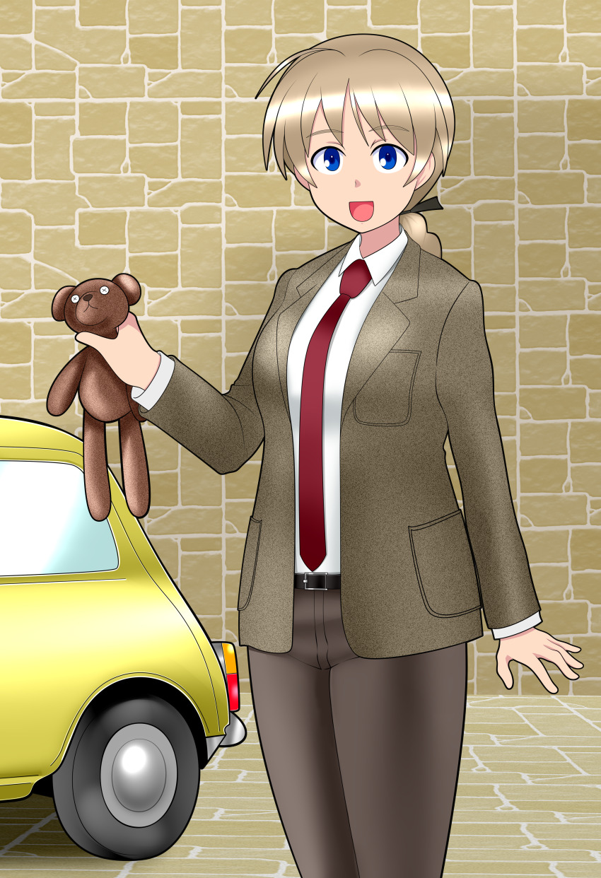 1girl absurdres ahoge arm_up belt black_belt black_ribbon blazer blue_eyes braid breasts brown_hair brown_jacket brown_pants car collared_shirt commentary commission cosplay cowboy_shot feet_out_of_frame green_car hair_ribbon highres jacket light_brown_hair looking_at_viewer lynette_bishop mini_cooper motor_vehicle mr._bean mr._bean_(cosplay) mr._bean_(series) necktie open_clothes open_jacket open_mouth pants pixiv_commission red_necktie ribbon shirt smile solo solo_focus standing strike_witches stuffed_animal stuffed_toy tanaka_rikimaru teddy_bear tile_floor tile_wall tiles unused_tire wheel world_witches_series