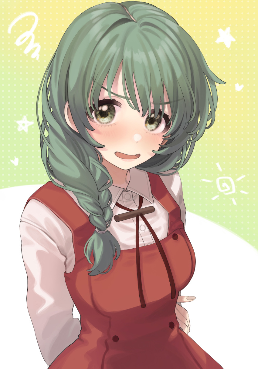 1girl absurdres arms_behind_back blush braid breasts collared_shirt commentary_request drawstring dress fingernails furrowed_brow green_eyes green_hair hair_over_shoulder hair_tie heart hidamari_sketch highres long_hair long_sleeves looking_at_viewer medium_breasts natsume_(hidamari_sketch) open_mouth pinafore_dress polka_dot polka_dot_background red_dress shirt sidelocks single_braid sleeveless sleeveless_dress solo square_neckline star_(symbol) sun_symbol tanupon tareme thick_eyelashes turning_head upper_body v-shaped_eyebrows white_background white_shirt yellow_background