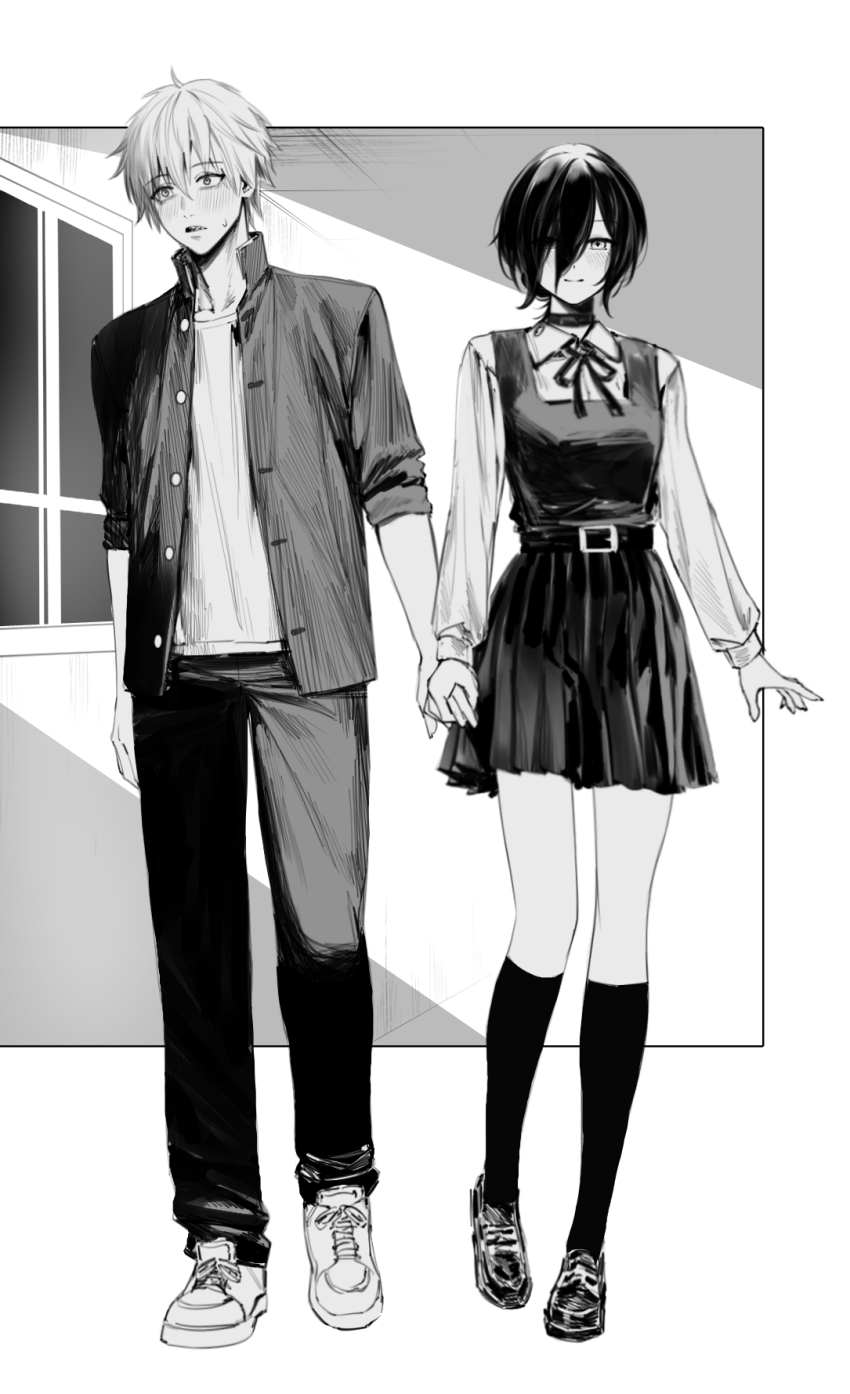 1boy 1girl black_pants chainsaw_man choker collared_shirt commentary denji_(chainsaw_man) fourth_east_high_school_uniform grenade_pin hair_between_eyes hair_bun hair_over_one_eye highres long_hair_between_eyes madiix012 medium_hair pants reze_(chainsaw_man) school_uniform sharp_teeth shirt shirt_tucked_in single_hair_bun symbol-only_commentary teeth white_shirt