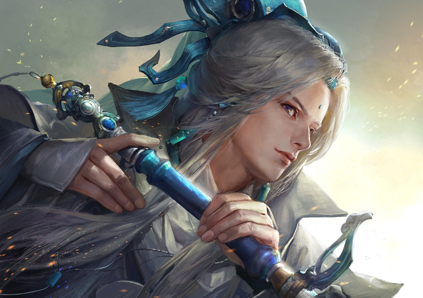 1boy chinese_clothes closed_mouth commentary_request embers grey_hair grey_sky hat holding holding_weapon kdash looking_at_viewer male_focus pili_budaixi portrait purple_eyes sky solo upper_body weapon yu_xiao_yao