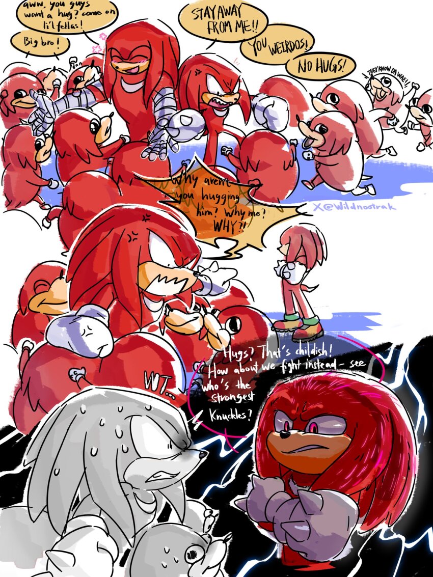 anger_vein arm_wrap blush crossed_arms gloves highres in-franchise_crossover knuckles_the_echidna meme multiple_persona open_mouth red_eyes smile sonic_(live_action) sonic_(series) sonic_boom_(series) sweat twitter_username ugandan_knuckles white_gloves wildnootrak