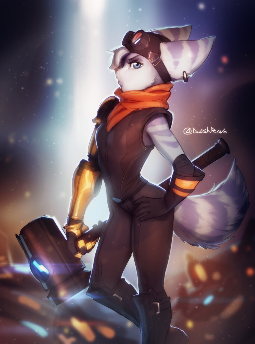 1girl absurdres animal_ears animal_nose body_fur breasts dash_ravo earrings from_side furry furry_female goggles goggles_on_head hammer hand_on_own_hip highres holding holding_hammer jewelry lombax mechanical_arms medium_breasts ratchet_&amp;_clank rivet_(ratchet_&amp;_clank) sideways_glance single_mechanical_arm solo striped_fur striped_tail tail two-tone_fur