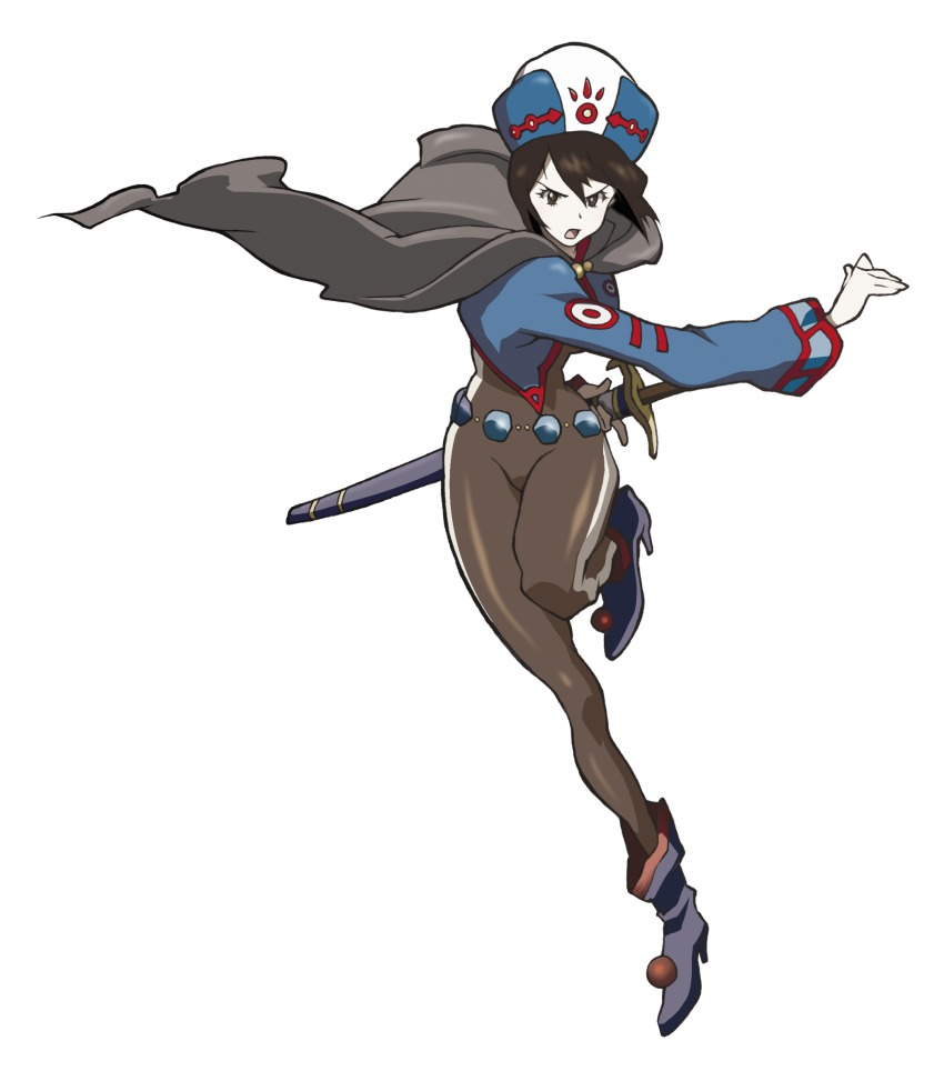 1girl black_eyes black_hair bob_cut bodysuit cape chloe_valens female_focus fighting_stance full_body furrowed_brow hat highres jacket long_sleeves nakazawa_kazuto official_art open_mouth ready_to_draw short_hair simple_background solo sword tales_of_(series) tales_of_legendia weapon white_background