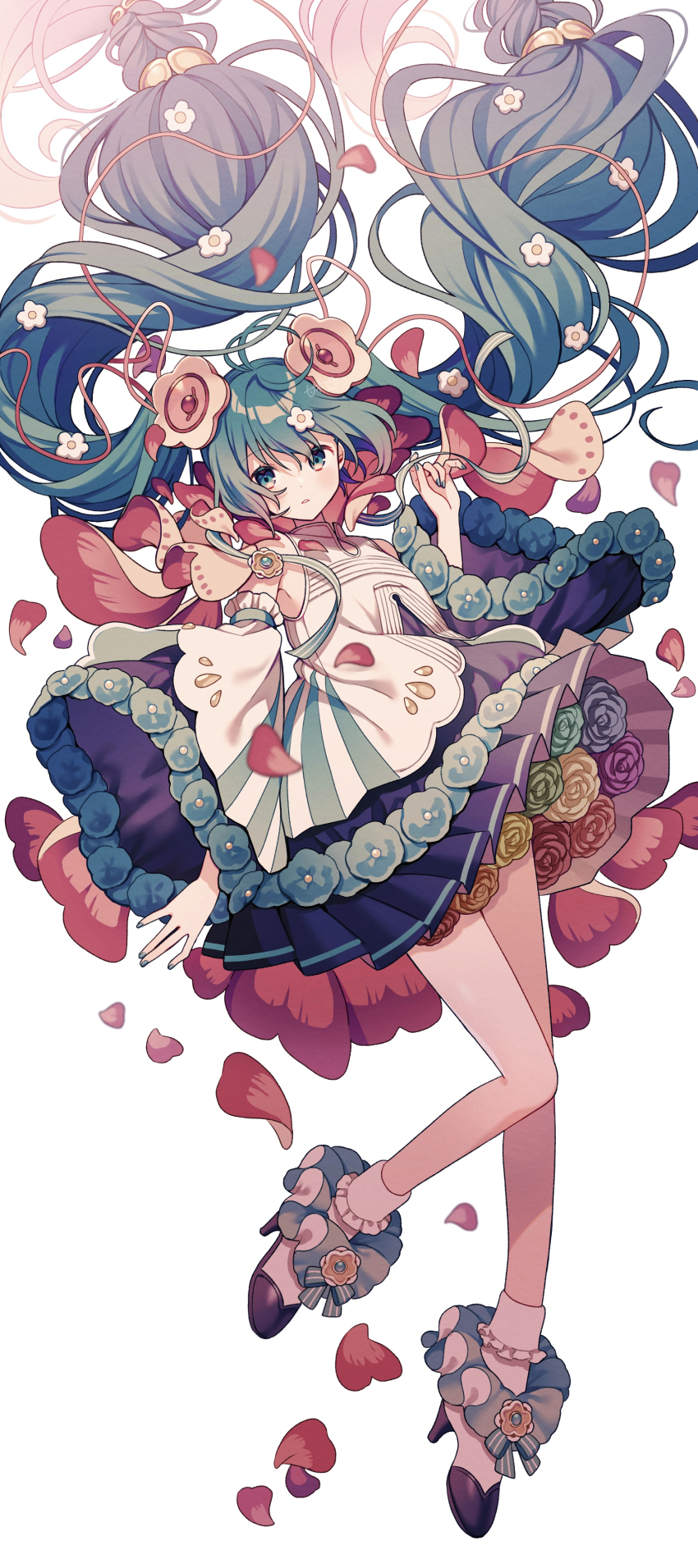 1girl absurdres amagi_hana ankle_garter apron aqua_hair bare_shoulders blue_bow blue_eyes blue_flower blue_nails blue_rose boots bow cleavage_cutout clothing_cutout collared_apron commentary_request detached_sleeves dress dress_flower eyelashes floating_hair flower flower_underskirt footwear_bow frilled_sleeves frilled_socks frills full_body green_flower green_rose hair_flower hair_ornament hair_ribbon hatsune_miku high_heel_boots high_heels highres layered_sleeves light_frown long_hair looking_at_viewer low-tied_long_hair magical_mirai_(vocaloid) magical_mirai_miku magical_mirai_miku_(2021) multicolored_boots nail_polish orange_flower orange_rose parted_lips petals pink_flower pink_ribbon pleated_dress purple_boots purple_dress purple_flower purple_rose red_flower red_rose ribbon rose shirt short_dress signature sleeveless sleeveless_dress socks solo striped_bow twintails two-tone_boots very_long_hair vocaloid white_apron white_background white_boots white_flower white_shirt wide_sleeves yellow_flower yellow_rose