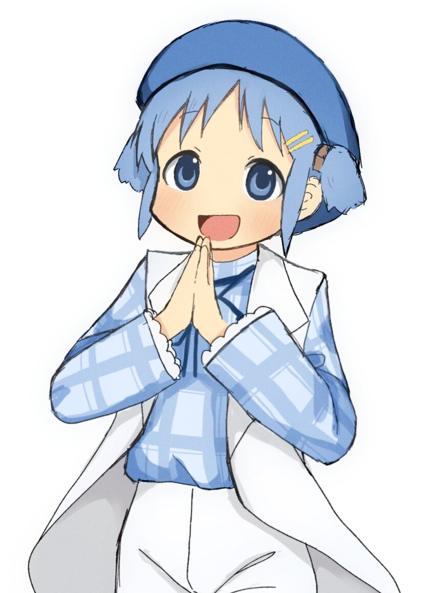 1girl :d alternate_costume beret blue_eyes blue_hair blue_hat blue_ribbon blue_shirt collared_jacket commentary cube_hair_ornament frilled_sleeves frills hair_ornament hairclip hat highres jacket lapels light_blush long_sleeves looking_at_viewer naganohara_mio naganoharamiomio nichijou open_mouth own_hands_clasped own_hands_together pants plaid_clothes plaid_shirt ribbon shirt short_hair short_twintails simple_background sleeveless sleeveless_jacket smile solo twintails white_background white_jacket white_pants