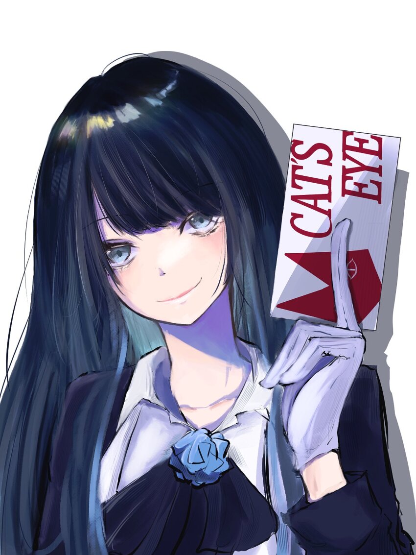 1girl ado_(utaite) black_hair blue_eyes blue_flower blue_hair blue_rose cat&#039;s_eye chando_(ado) closed_mouth collared_shirt colored_inner_hair commentary english_commentary flower flower_brooch gloves highres long_hair long_sleeves looking_at_viewer mole mole_under_eye multicolored_hair rose shadow shirt simple_background smile solo tanake_(tanakei_ado) upper_body white_background white_gloves white_shirt