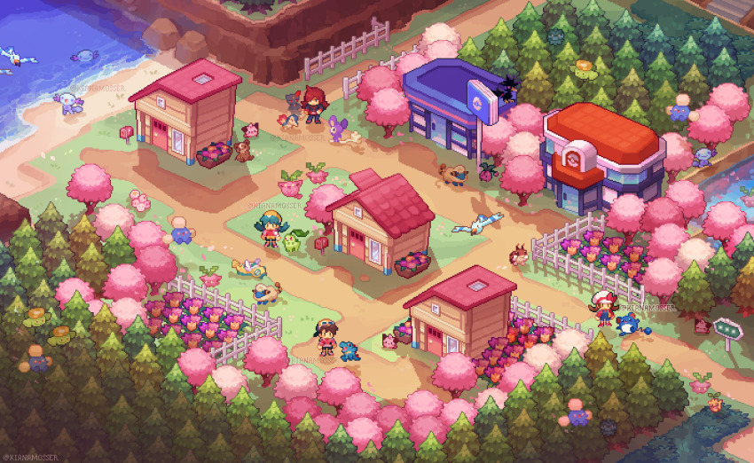2boys 2girls aipom artist_name beach bird black_jacket black_pants blue_hair brown_hair building cherry_blossoms cherubi chikorita cleffa commentary cyndaquil day dunsparce english_commentary ethan_(pokemon) exeggcute fence flower forest full_body gen_1_pokemon gen_2_pokemon gen_3_pokemon gen_4_pokemon grass hairband hat highres hoppip house in-universe_location isometric jacket jumpluff kianamosser kris_(pokemon) ledyba long_hair lyra_(pokemon) mailbox_(incoming_mail) mareep marill multiple_boys multiple_girls murkrow nature nintendo outdoors overall_shorts overalls pants pineco pixel_art poke_ball_symbol pokemon pokemon_(creature) pokemon_center pokemon_hgss pokemon_mart red_hair red_jacket road sand scenery shadow short_hair shorts sign silver_(pokemon) skiploom sneasel standing sunkern teddiursa totodile town tree twintails twitter_username water watermark wingull wooper yellow_hairband