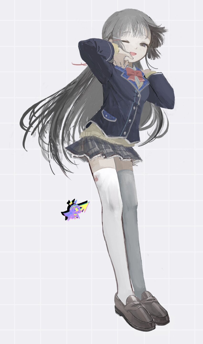 1girl black_eyes black_hair blue_jacket bow bowtie brown_footwear chibi chibi_inset commentary cursor drop_shadow floating_hair full_body grey_background grey_skirt grid_background hair_ornament hairclip half-closed_eyes hands_up highres hitonatz jacket light_blush loafers long_sleeves looking_at_viewer miniskirt nijisanji one_eye_closed open_mouth plaid_clothes plaid_skirt pleated_skirt raised_eyebrows red_bow red_bowtie shirt shoes skirt smile solo_focus sweater thighhighs tsukino_mito tsukino_mito_(1st_costume) virtual_youtuber white_shirt white_thighhighs yellow_sweater zettai_ryouiki