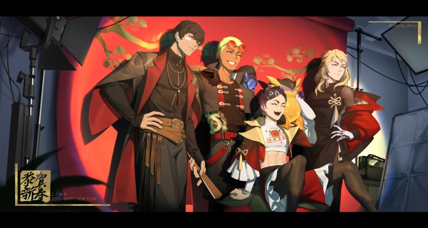 1girl 1other 2boys absurdres alternate_costume backdrop black_hair blonde_hair clove_(valorant) creature deadlock_(valorant) gekko_(valorant) green_hair group_picture hand_on_own_hip highres iso_(valorant) multiple_boys photo_shoot sikong_afeng studio_lights valorant