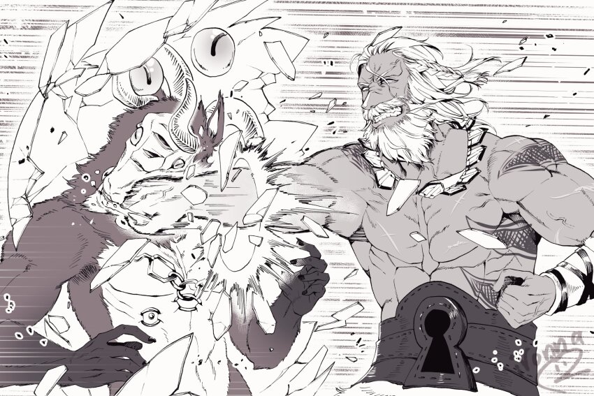 2boys beard belt black_nails body_piercings braid chest_tattoo clenched_teeth disembodied_eye elden_ring elden_ring_nightreign extra_eyes face_punch facial_hair gameplay_mechanics goat_horns greyscale highres horns in_the_face ironna_r jewelry libra_(elden_ring) medium_hair monochrome monster motion_lines multiple_boys multiple_scars muscular muscular_male necklace punching raider_(elden_ring) scar signature speed_lines tan tattoo teeth upper_body very_big_eyes