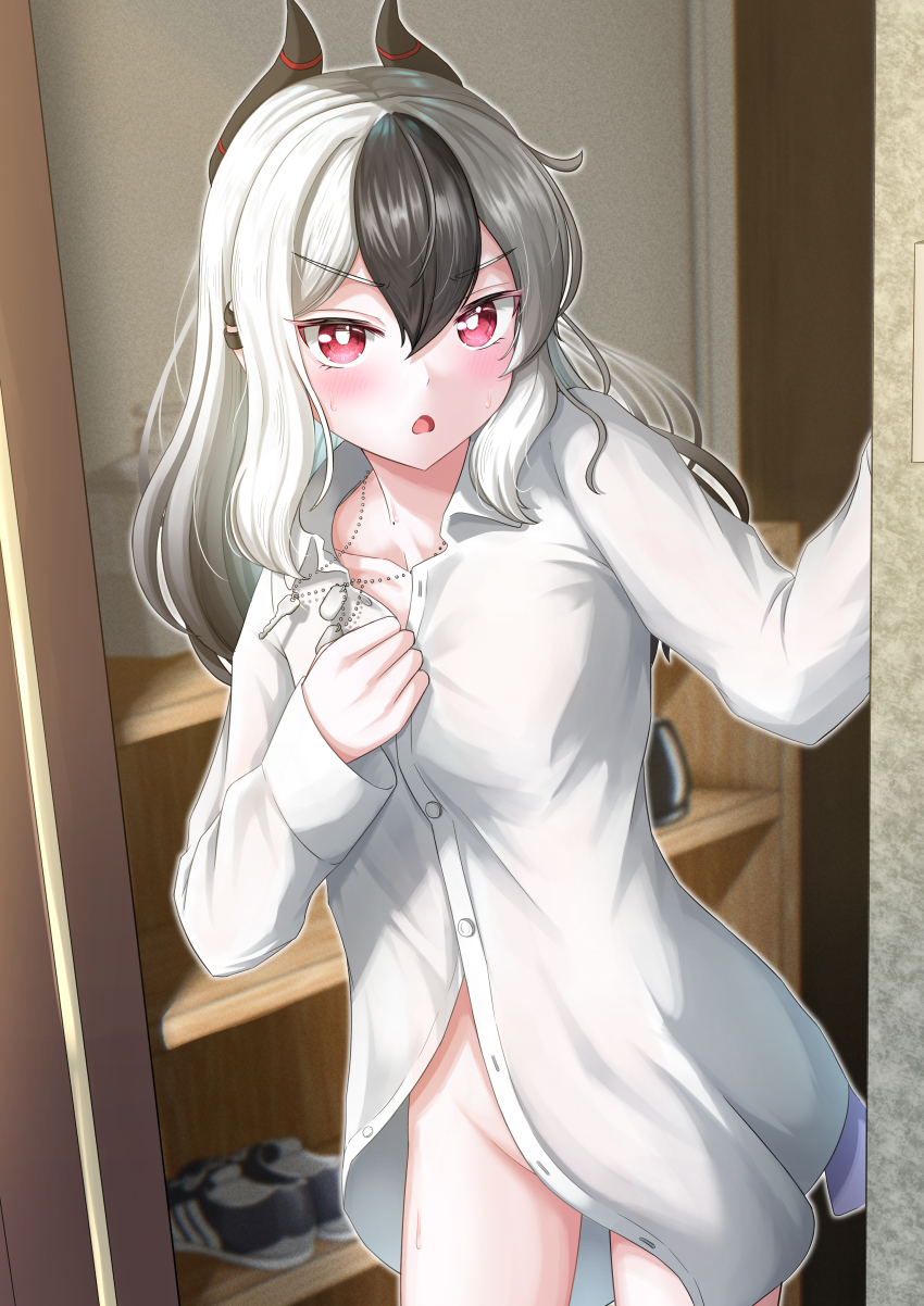 1girl absurdres alternate_costume black_hair black_horns blue_archive blush borrowed_clothes bright_pupils clenched_hand collarbone collared_shirt commentary_request d: demon_girl demon_horns ear_piercing eyelashes film_grain gamel_120 gradient_hair groin hair_down hands_up highres horns indoors kayoko_(blue_archive) long_hair mole mole_on_neck multicolored_hair naked_shirt no_panties open_mouth opening_door oversized_clothes oversized_shirt partial_commentary piercing red_eyes shirt sidelighting sidelocks sleeves_past_wrists solo straight_hair sweatdrop tsurime two-tone_hair v-shaped_eyebrows white_hair white_pupils white_shirt