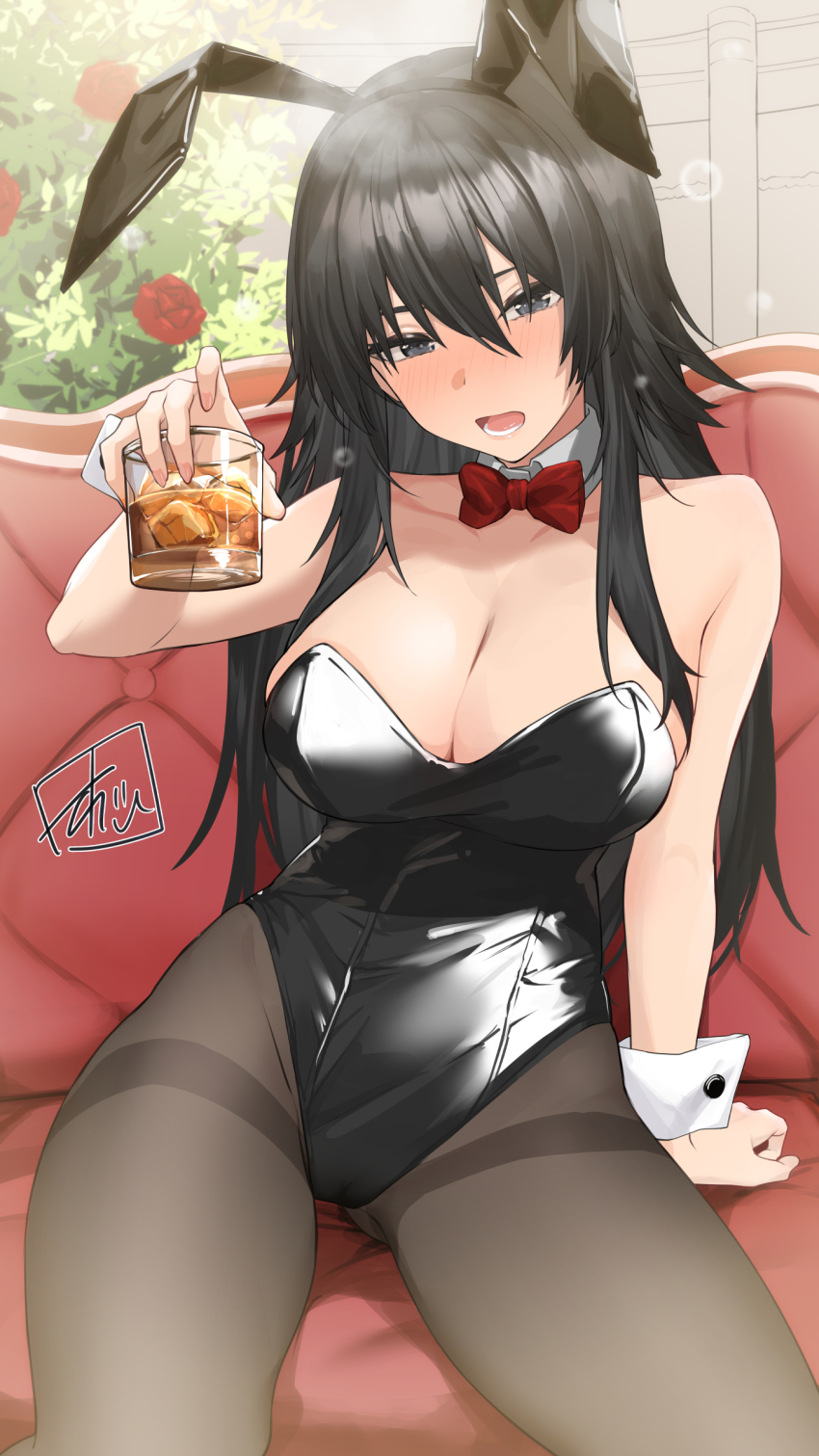 1girl absurdres black_hair black_pantyhose bow bowtie breasts cleavage couch cowboy_shot dream_c_club_(series) dream_c_club_gogo. drunk glass grey_eyes highres large_breasts leotard long_hair miyabi_(dream_c_club_gogo.) oregano_(olgn_eao) pantyhose playboy_bunny red_bow red_bowtie sitting solo thighband_pantyhose