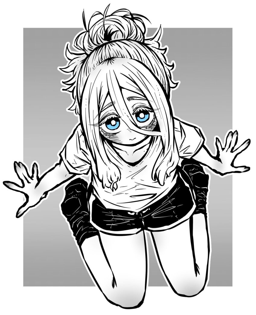1boy 1girl black_shorts black_socks blue_eyes child greyscale_with_colored_eyes gym_shirt gym_shorts hair_bun highres kneeling limited_palette long_hair looking_at_viewer on_ground rosario_kirishima shirt shorts socks solo white_shirt yakunitatsu_node_chi_o_kudasai zyugoya