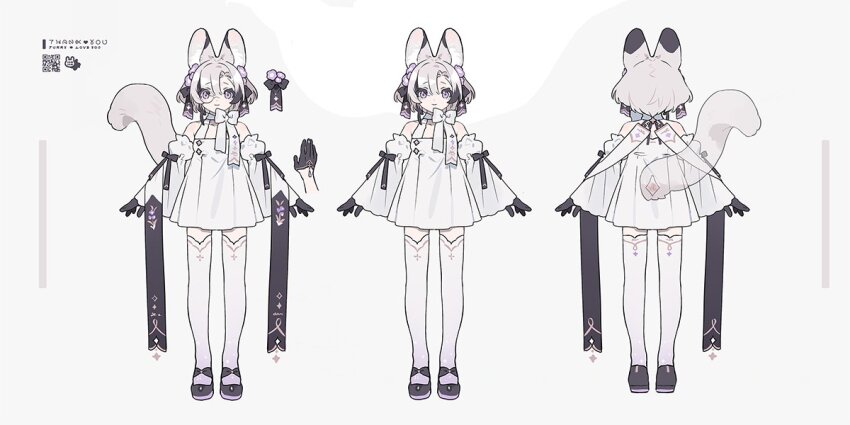 1girl animal_ear_fluff animal_ears arin_(fanfan013) bare_shoulders black_bow black_footwear black_gloves bow bow_choker cat_ears cat_tail reference_sheet choker closed_mouth commentary_request commission cross cross_print detached_sleeves dress eyelashes flower footwear_bow from_behind full_body gloves gradient_legwear hair_bow hair_flower hair_ornament juliet_sleeves long_sleeves mary_janes monocle multiple_views original pleated_dress polka_dot_thighhighs puffy_sleeves purple_eyes purple_flower purple_thighhighs qr_code round_eyewear second-party_source shoes short_dress short_hair simple_background skeb_commission sleeve_bow sleeveless sleeveless_dress sleeves_past_wrists smile square_neckline straight-on tail thighhighs white_background white_bow white_choker white_dress white_hair white_sleeves white_thighhighs wide_sleeves