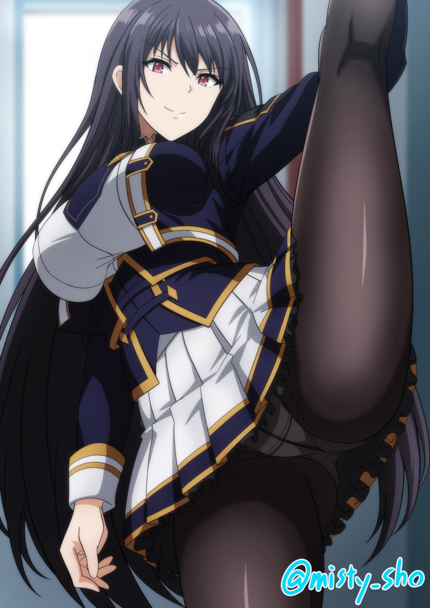 1girl black_hair black_pantyhose blue_jacket blue_necktie breasts cameltoe claire_kagenou closed_mouth commentary flexible hair_between_eyes highres indoors jacket kage_no_jitsuryokusha_ni_naritakute! large_breasts long_hair long_sleeves looking_at_viewer makiri_akira midgar_academy_school_uniform necktie panties panties_under_pantyhose pantyhose pleated_skirt red_eyes school_uniform shirt skirt smile split standing standing_on_one_leg standing_split twitter_username underwear very_long_hair white_shirt white_skirt