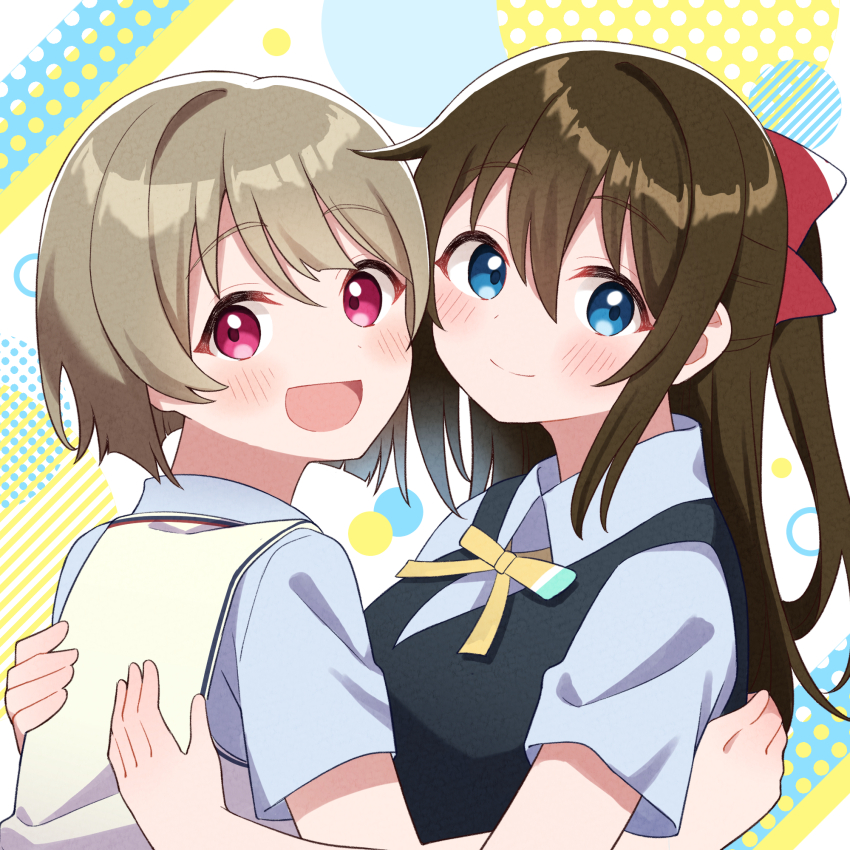 2girls :d black_jacket blue_eyes blue_shirt blush bow brown_hair closed_mouth collared_shirt hair_between_eyes hair_bow highres hug jacket long_hair looking_at_viewer love_live! love_live!_nijigasaki_high_school_idol_club multiple_girls nakasu_kasumi neck_ribbon nijigasaki_school_uniform open_mouth osaka_shizuku red_bow red_eyes ribbon school_uniform shirt short_hair short_sleeves sidelocks smile summer_uniform sweater_vest yatogame765
