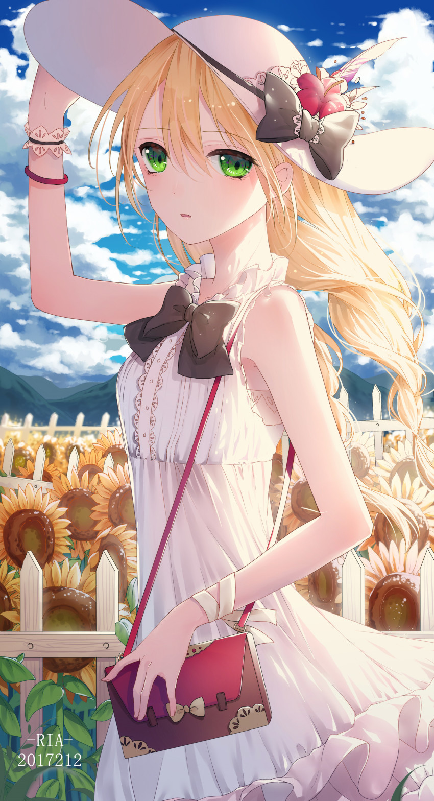 1girl 2017 absurdres artist_name aura_mage bag bare_arms bare_shoulders beige_bow black_bow black_bowtie blonde_hair blue_sky blush bow bowtie cloud cowboy_shot dated day dress female_focus fence field flower flower_field green_eyes hair_between_eyes handbag hat hat_bow hat_flower hibiscus highres holding holding_unworn_clothes holding_unworn_hat long_hair looking_at_viewer original outdoors plant ringed_eyes sky sleeveless sleeveless_dress solo standing sun_hat sundress sunflower sunflower_field tareme unworn_hat unworn_headwear white_dress white_hat wristband
