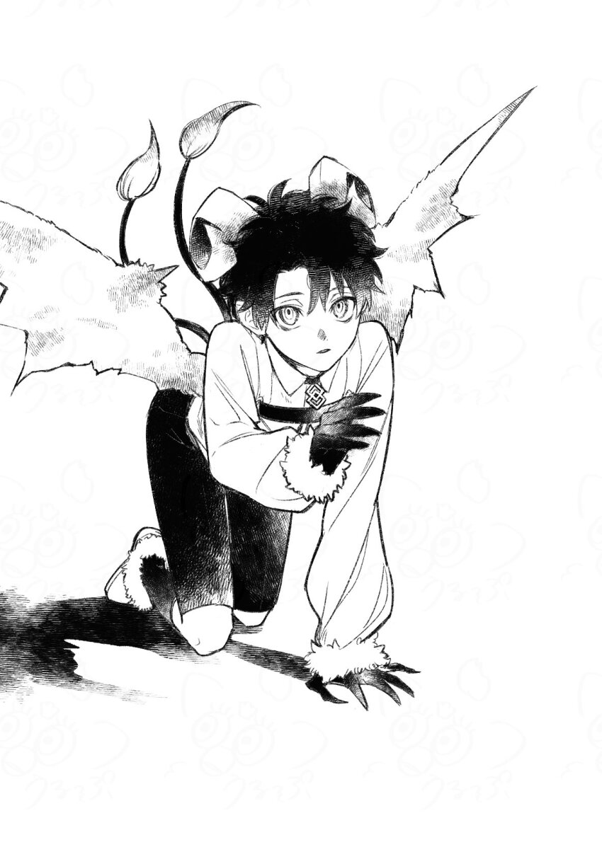 1boy aged_down all_fours chaldea_logo chaldea_uniform claws collared_shirt cosplay curled_horns dark_young_(fate) dark_young_(fate)_(cosplay) demon_boy demon_tail demon_wings fate/grand_order fate_(series) fujimaru_ritsuka_(male) full_body goat_horns greyscale highres horns long_sleeves looking_at_viewer male_focus monochrome multiple_tails shirt short_hair shorts simple_background solo tail two_tails urup_zzz white_background wings