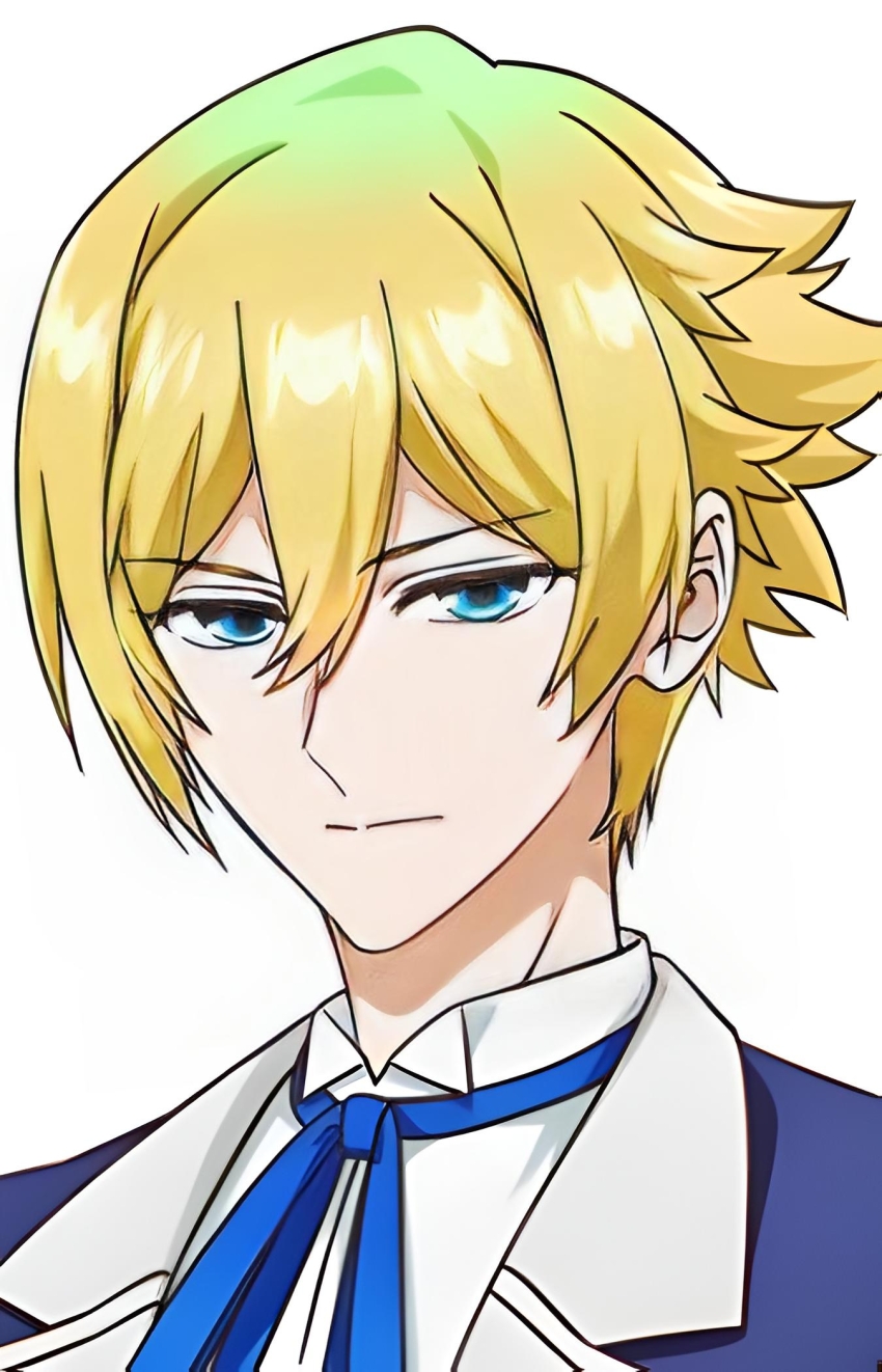 1boy blonde_hair blue_eyes formal_clothes highres looking_at_viewer medium_hair nemophila_sol suit tensei_akujo_no_kuro_rekishi upper_body white_background