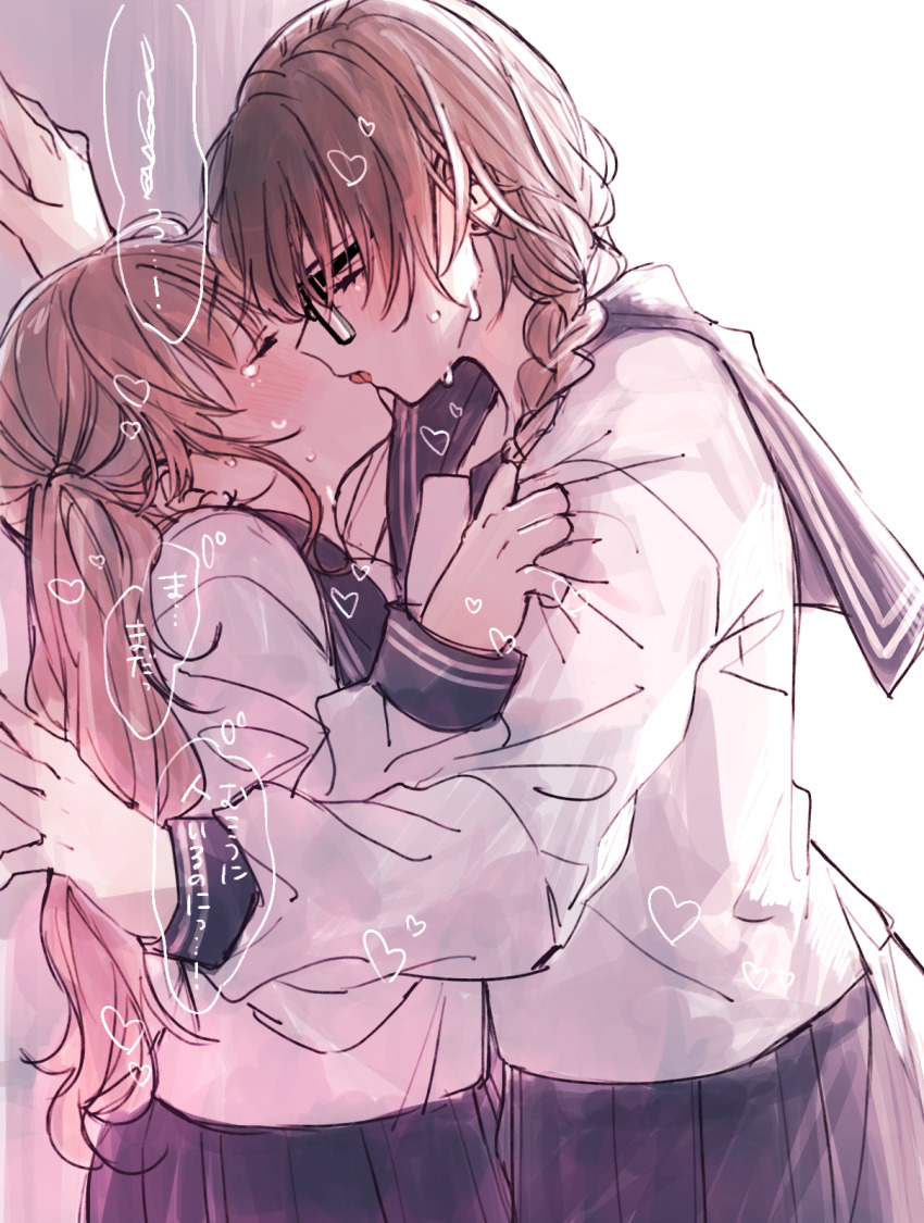 2girls amane_(7783) black_sailor_collar black_skirt blush braid brown_hair closed_eyes commentary_request french_kiss glasses highres kabedon kiss long_hair long_sleeves multiple_girls original pleated_skirt sailor_collar school_uniform serafuku shirt skirt twin_braids twintails white_shirt yuri