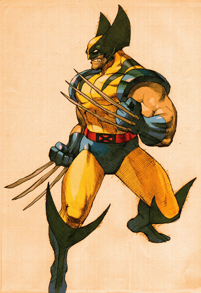 1990s_(style) 1boy 2000 absurdres arm_hair beard bengus bodysuit capcom claws clenched_hands clenched_teeth facial_hair game_cg gloves highres male_focus marvel marvel_vs._capcom marvel_vs._capcom_2 mask muscular muscular_male non-web_source official_art pectorals retro_artstyle scan solo superhero_costume teeth weapon wolverine_(x-men) x-men