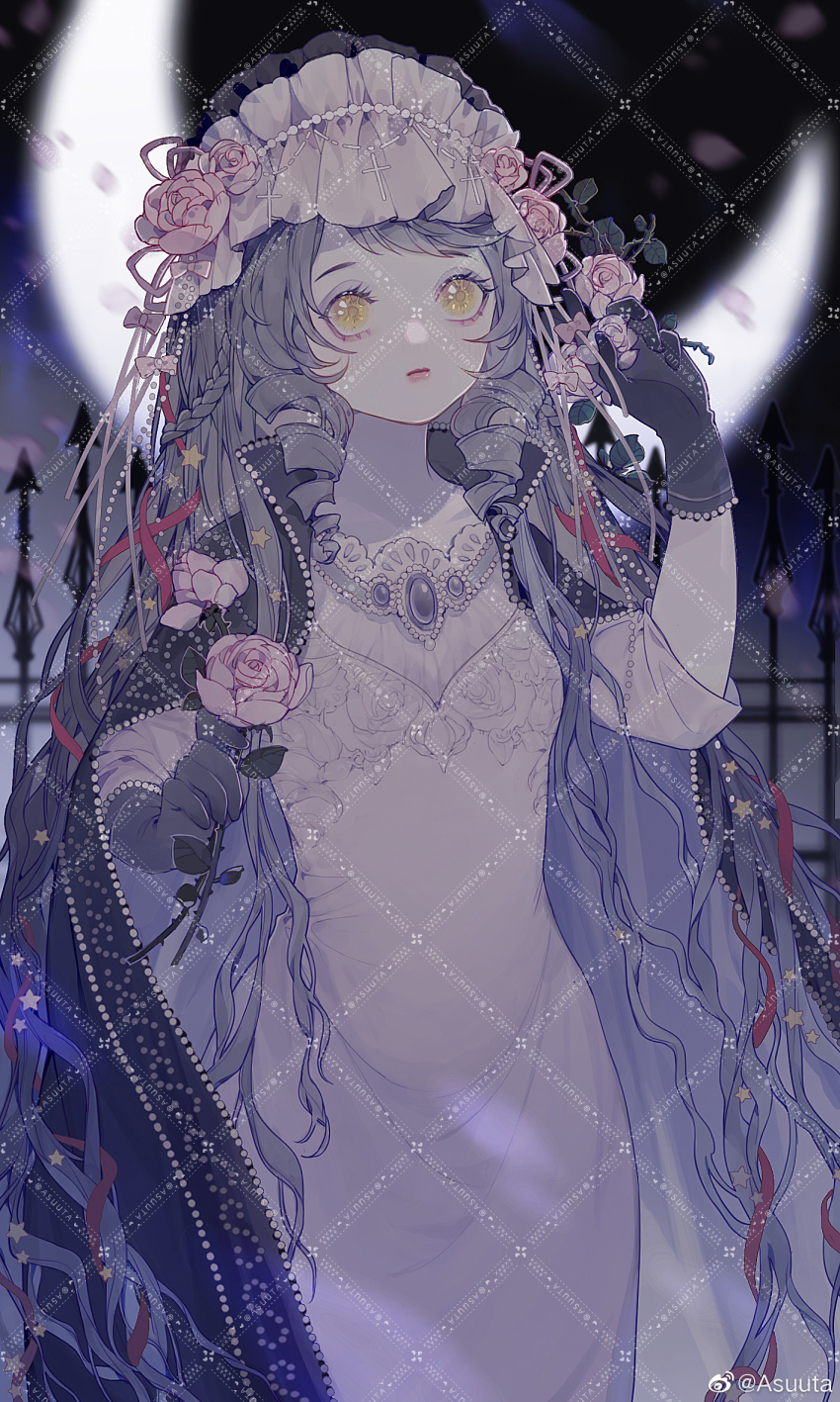 1girl absurdly_long_hair asuuta beads black_coat black_gloves bonnet chinese_commentary closed_mouth coat coat_on_shoulders collared_coat commentary_request commission cowboy_shot crescent_moon dress expressionless eyelashes fence flower gem gloves grey_hair hand_in_own_hair hat hat_flower hat_ribbon highres jewelry lace lace-trimmed_gloves lace_trim lipstick long_dress long_hair long_sleeves looking_at_viewer makeup moon necklace night original outdoors petals pink_lips pink_ribbon purple_gemstone ribbon ringlets solo standing swept_bangs three-quarter_sleeves very_long_hair watermark watermark_grid weibo_watermark white_bonnet white_dress yellow_eyes