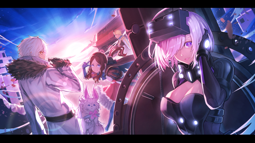 2boys 2girls blonde_hair blue_eyes fate/grand_order fate_(series) fou_(fate) goredolf_musik harnetyss highres kadoc_zemlupus leonardo_da_vinci_(fate) leonardo_da_vinci_(fate/grand_order) leonardo_da_vinci_(rider)_(fate) looking_at_viewer mash_kyrielight mash_kyrielight_(ortenaus) multiple_boys multiple_girls orange_eyes pink_hair purple_eyes shield short_hair white_hair