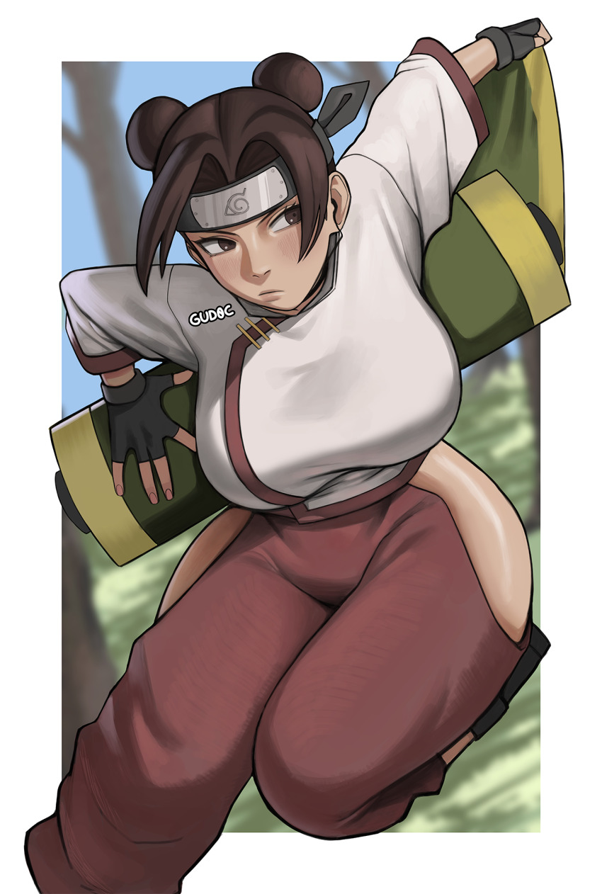 1girl artist_name black_gloves boruto:_naruto_next_generations boruto:_naruto_the_movie breasts brown_eyes brown_hair chinese_clothes closed_mouth commentary double_bun english_commentary fingerless_gloves gloves gud0c hair_bun highres large_breasts light_blush naruto_(classic) naruto_(series) scroll solo tenten_(naruto) tomboy