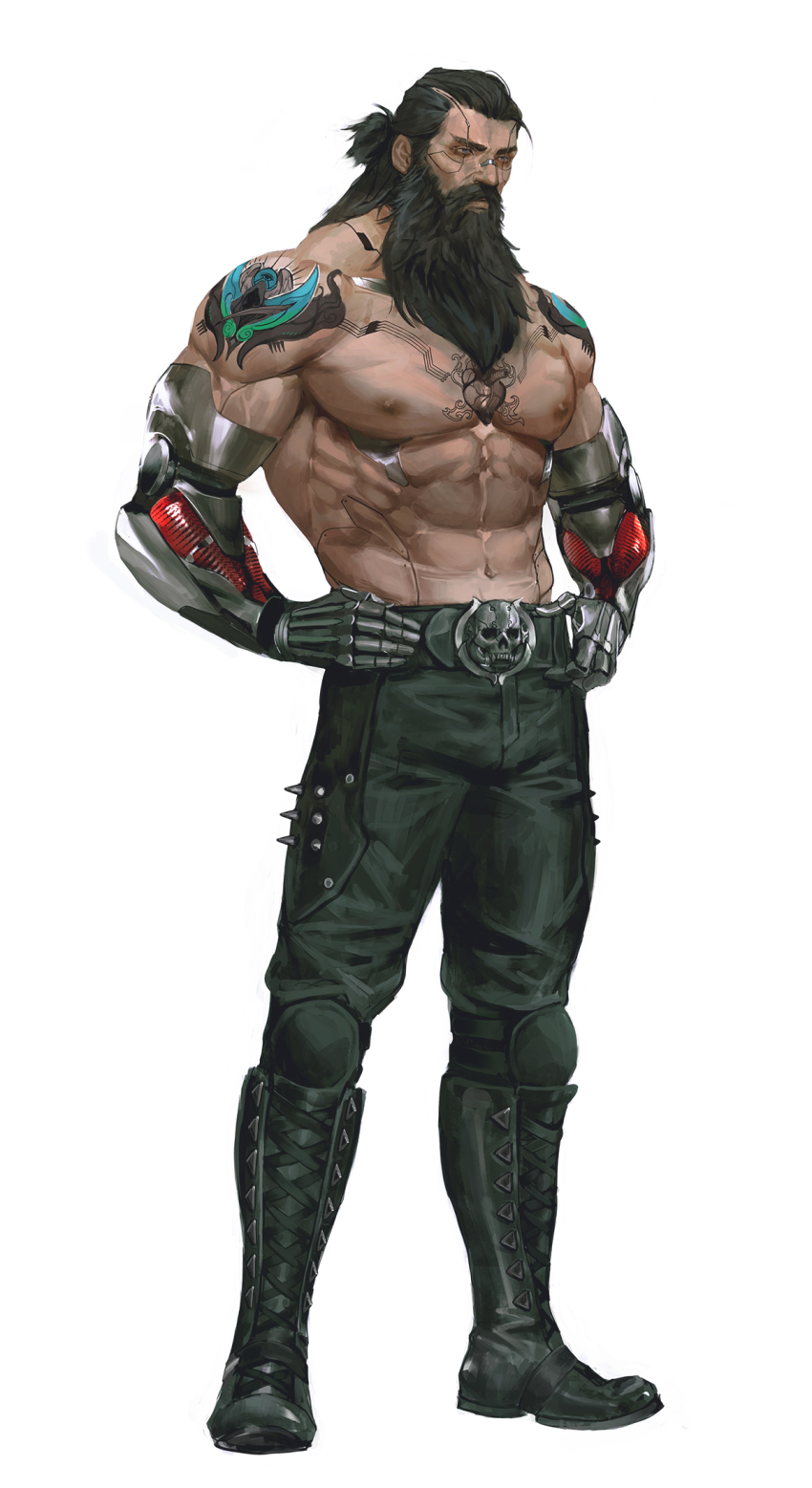 1boy abs bara beard black_boots boots cyberpunk_(series) cyberpunk_edgerunners dark-skinned_male dark_skin facial_hair full_body hand_on_own_hip highres large_pectorals league_of_legends long_beard long_hair looking_ahead male_focus mature_male mechanical_arms mechanization muscular muscular_male mustache nipples olaf_(league_of_legends) pants pectorals shoulder_tattoo sia_kim skull_belt solo standing tattoo thick_eyebrows thick_mustache topless_male v-taper