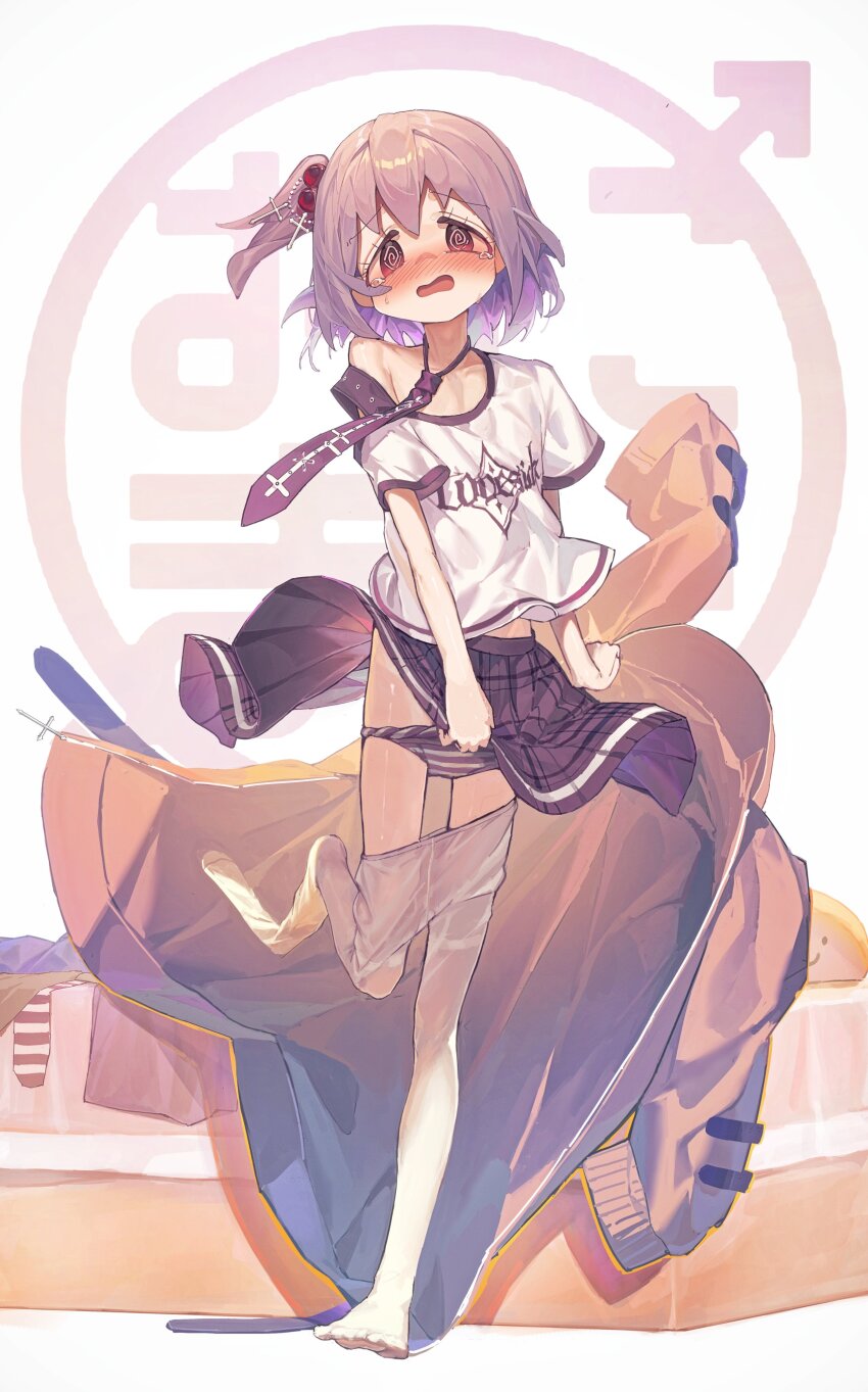 1boy @_@ absurdres ap04astral bare_arms bed black_skirt blush brown_coat clothes_pull clothes_writing coat collarbone commentary copyright_name cross_hair_ornament crossdressing crossdressing_(mtf) full_body grey_hair hair_bobbles hair_intakes hair_ornament hashtag-only_commentary highres looking_at_viewer male_focus necktie no_shoes nose_blush one_side_up onii-chan_wa_oshimai! open_mouth panties panty_pull pantyhose pantyhose_pull peanut_mouth pleated_skirt senkawa_minato shirt short_sleeves simple_background single_bare_shoulder single_off_shoulder skirt solo t-shirt tearing_up trap underwear white_background white_pantyhose white_shirt